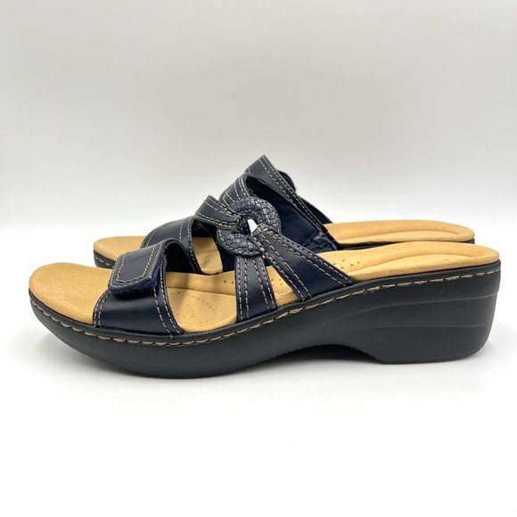 Clarks Size 11 Merliah Coral Navy Blue Leather Low Wedge Slip On Sandals Shoes - Picture 6 of 15
